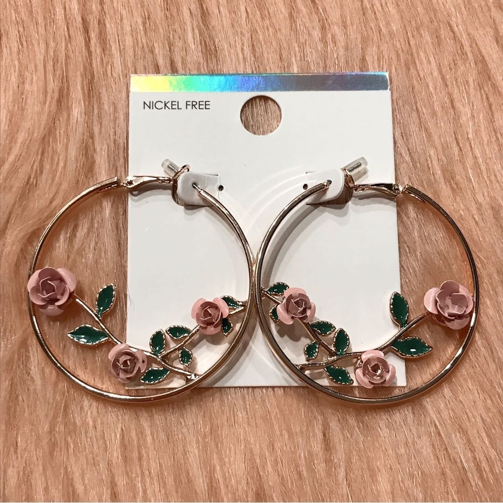 Pink Rose Hoop Earrings - Picture 2 of 6